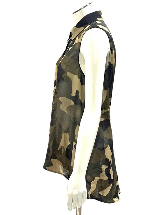 Forever 21 Medium Brown Black Camo Sleeveless Chiffon Blouse Grunge Utility Core - Picture 5 of 12